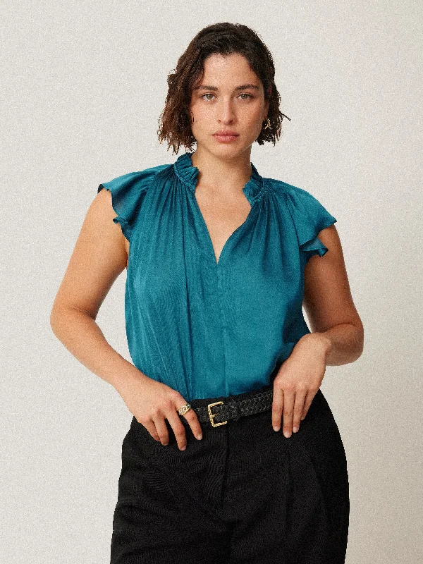 Seasonal Fashion Women's Transitional Outfit Seasonal Fashion Recycled Satin Frill Neck Top | Blue