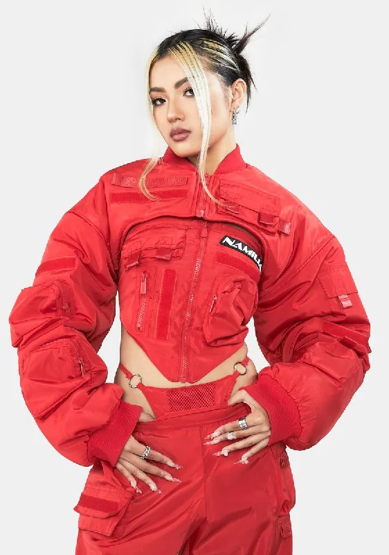 Fashionable Women's Outfit Minimalist Fashion Sale Red Nylon Bomber Choker Jacket