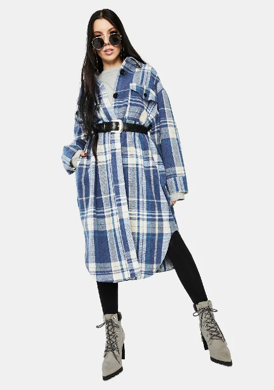 Women's Casual Outfit Evening Elegance Blue Plaid Long Jacket