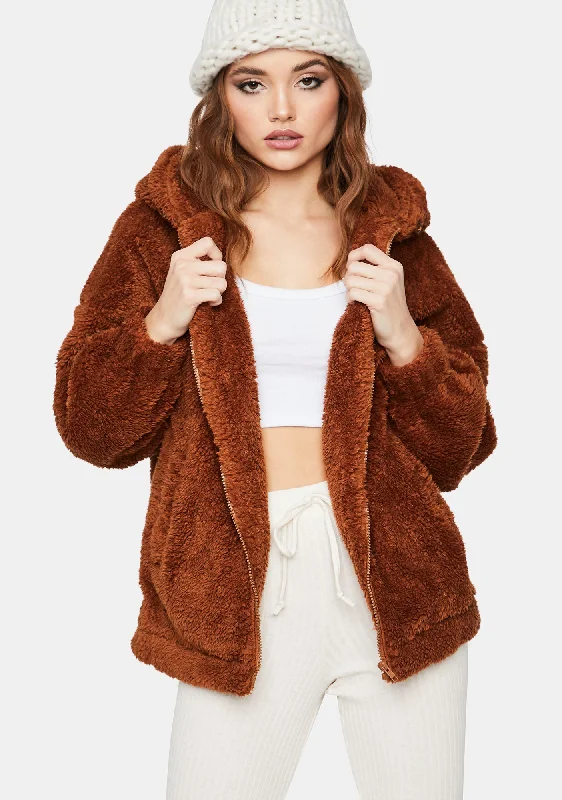 Women's Holiday Attire Luxury Fashion Discounts Chocolate Cuddle Up Teddy Jacket