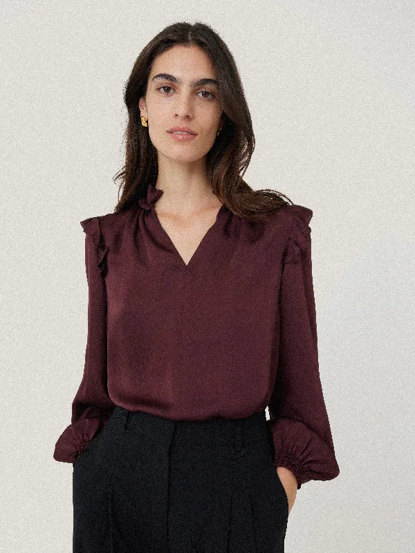 Classy Style Discounts Women's Luxury Apparel Classy Style Discounts Recycled Satin Ruffle Top | Burgundy