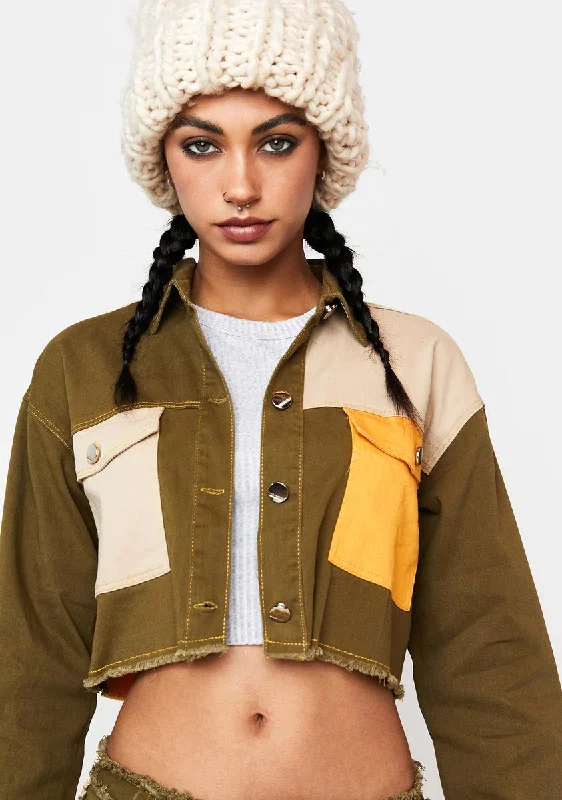 Women's Comfortable Clothes For Weekends Winter Warehouse Sale Olive Hidden Layers Patchwork Crop Jacket