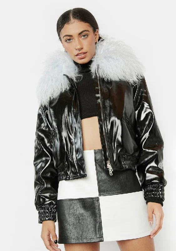 Women's Evening Attire Avant-Garde Style Promotions Blue Mongolian Fur Collar Leather Bomber Jacket