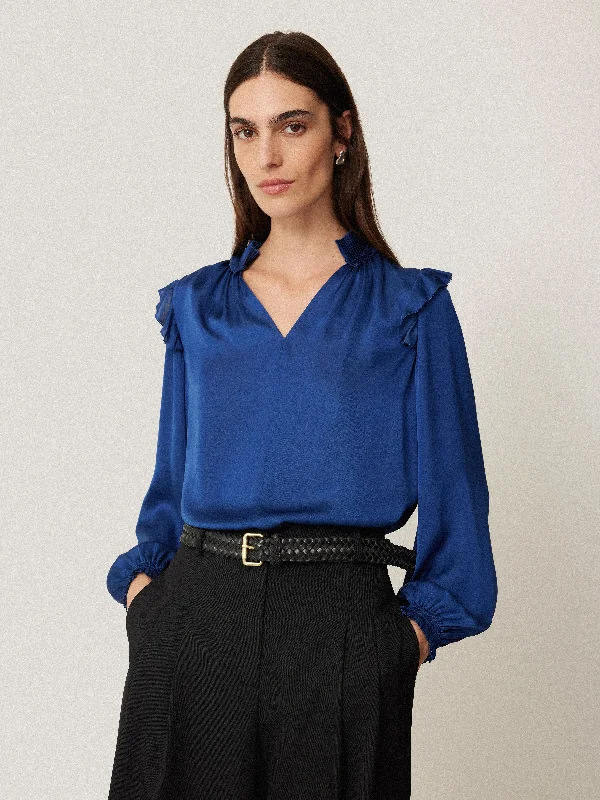 Trend Leading Collection Women's Vacation Outfit Trend Leading Collection Recycled Satin Ruffle Top | Blue