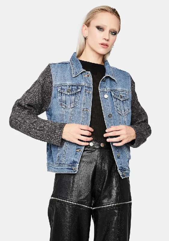 Women's Chic Apparel Limited Time Offer No Worries Knit Sleeve Denim Jacket