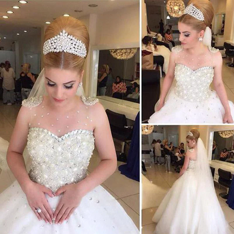 Women's Work Apparel The Good Stuff Princess Pearl Illusion Neckline Ball Gown Wedding Gown robe mariage Bride Dress White WD6601