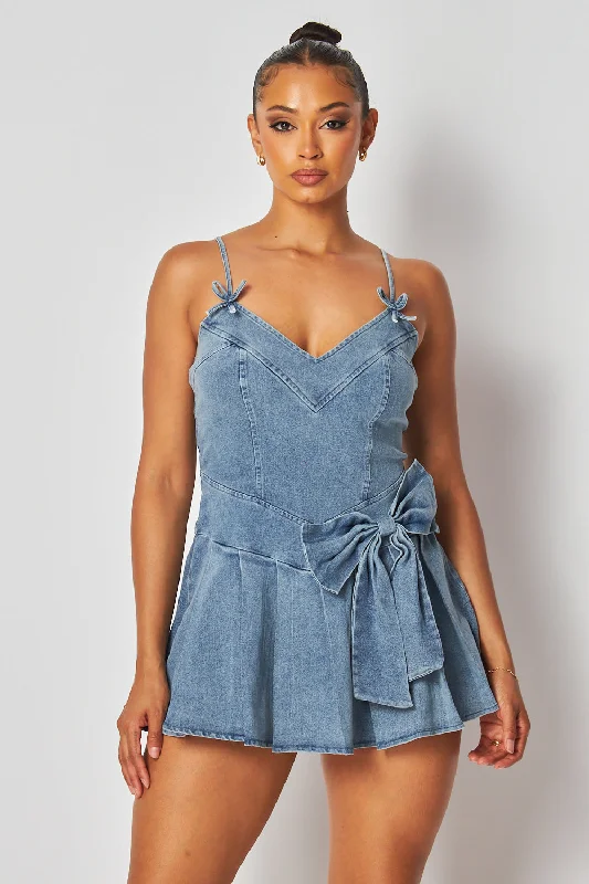 Stylish Women's Garments For Holidays Limited Edition Deanna Bow Detail Pleated Denim Cami Mini Dress