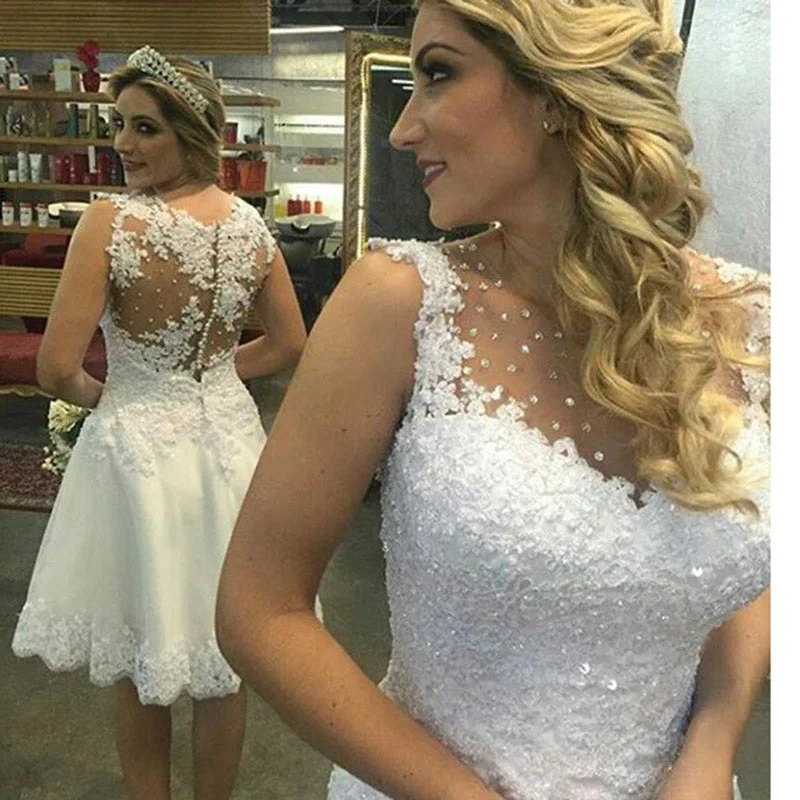 Women's Chic Outfit Latest Fashion LP4498 Short Wedding Dress Lace Bridal Gown with Embellish Vestido De Novias 2018