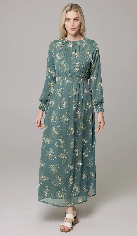 Women's High-Fashion Clothes Casual Yet Chic Sales Nadia Smocked Print Chiffon Modest Long Maxi Dress - Jade Floral - PREORDER (ships in 2 weeks)