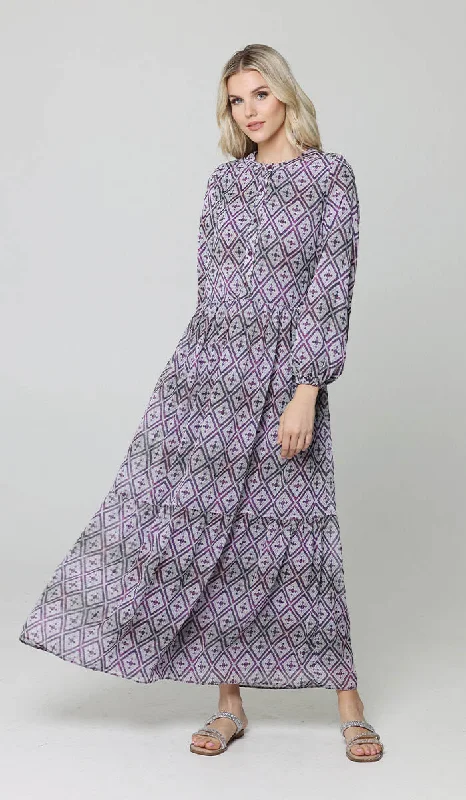 Formal Garments For Women Evening Elegance Armine Modest Long Tiered Print Maxi Dress - Purple - Final Sale