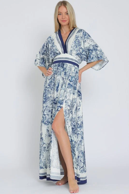 Charming Women's Garments Statement Fashion Offers Rhiannon Kimono Sleeve Printed Maxi Dress Navy