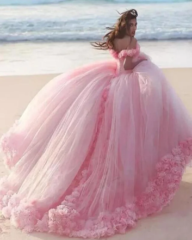 Timeless Women's Clothes Stupidly Low Prices Romantic Poofy Pink Floral Wedding Dresses Off the Shoulder Ball Gown Quinceanera Dress WD5569