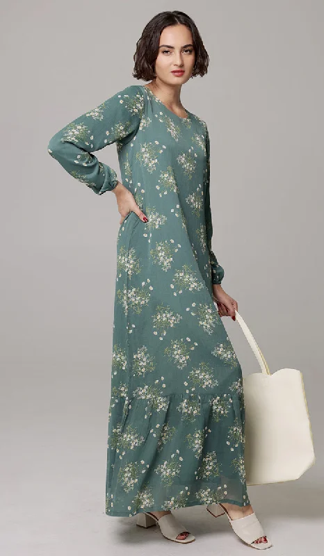 Women's Party Clothes Contemporary Chic Promotions Batool Print Chiffon Modest Long Maxi Dress - Jade Floral - PREORDER (ships in 2 weeks)