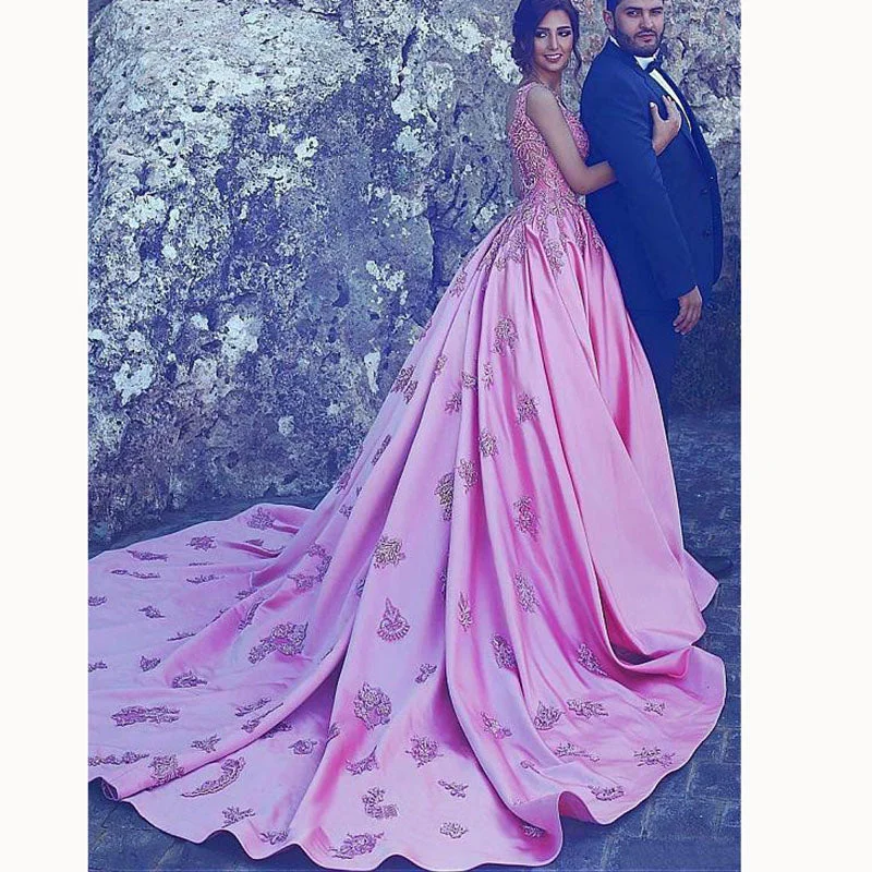 Women's Night-Out Clothes Must Haves Fantastic Custom Made Pink A Line Lace Prom Dresses Satin Wedding Gown 2022 Formal Wear