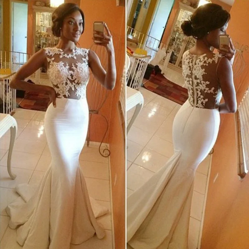 Women's Outfit Premium Style Boat Neck Sexy Mermaid Wedding Dresses Lace Appliqued Bridal Gowns