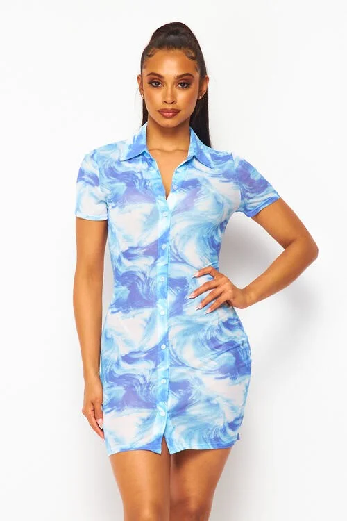 Women's Transitional Clothes End Of Season Sale Open Air Printed Mesh Button Up Collared Dress