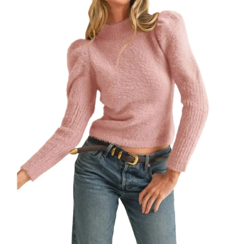 Women's Clothing And Garments Sets Chic And Trendy Mock Neck Puff Shoulder Mohair Sweater In Pink