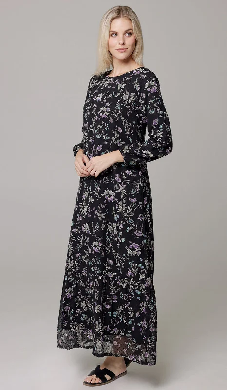 Women's Clothes For The Office Limited Time Batool Print Chiffon Modest Long Maxi Dress - Black/Multi Floral - PREORDER (ships in 2 weeks)