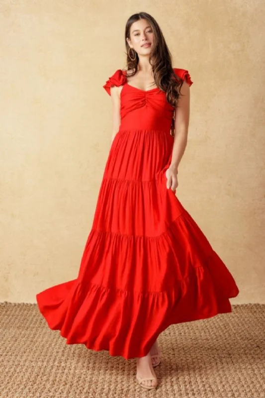 Women's Cozy Outfit For Lounging Elegant Style Kendall Ruffle Sleeve Maxi Dress Red