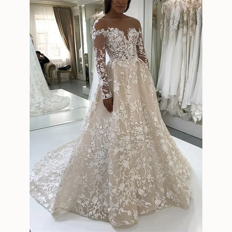 Women's Clothes For Work Events Huge Price Cut Champagne /Ivory Lace Vintage Wedding Gown Long Sleeve Bridal Dresses 2020 abiti da sposa