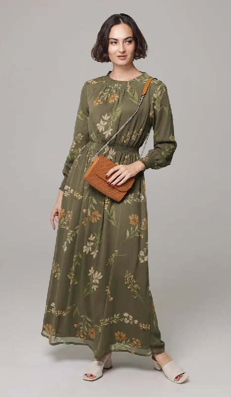 Women's Outfit For The Office Chic And Edgy Nadia Smocked Print Chiffon Modest Long Maxi Dress - Olive