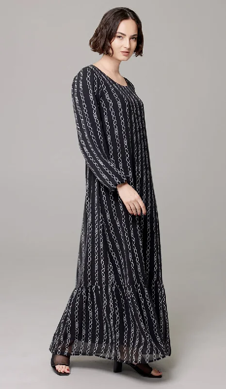 Tailored Clothing For Women New Styles Just In Batool Print Chiffon Modest Long Maxi Dress - Black/White Stripe