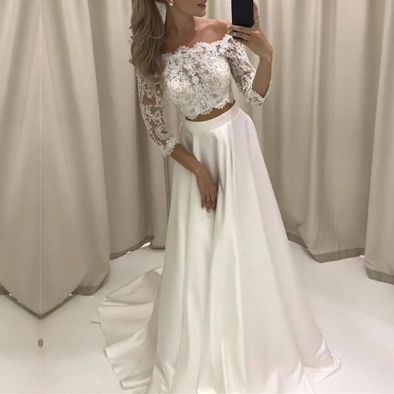 Women's Casual Apparel Exclusive Discounts Siaoryne WD0823 3/4 Sleeves Two 2 Pieces Beach wedding Dress A line Lace Bridal Gowns