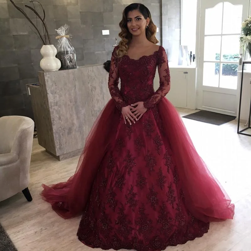 Women's Casual Garments Fashionable Comfort Promotions WD2154 Vintage Arabic Style Wedding Dress  Attachable Train ,Burgundy Lace Appliqued Long Sleeves Bride Gown