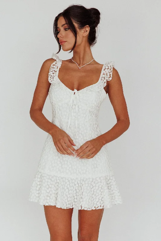 Women's Comfy Attire For Lounging Sophisticated Style Offers Shenay Ruffle Strap Embroidered Mini Dress White