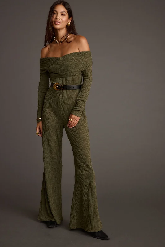 Trendy Athleisure Clothing For Women Unbeatable Deals Greenwich Olive Knit Off The Shoulder Jumpsuit