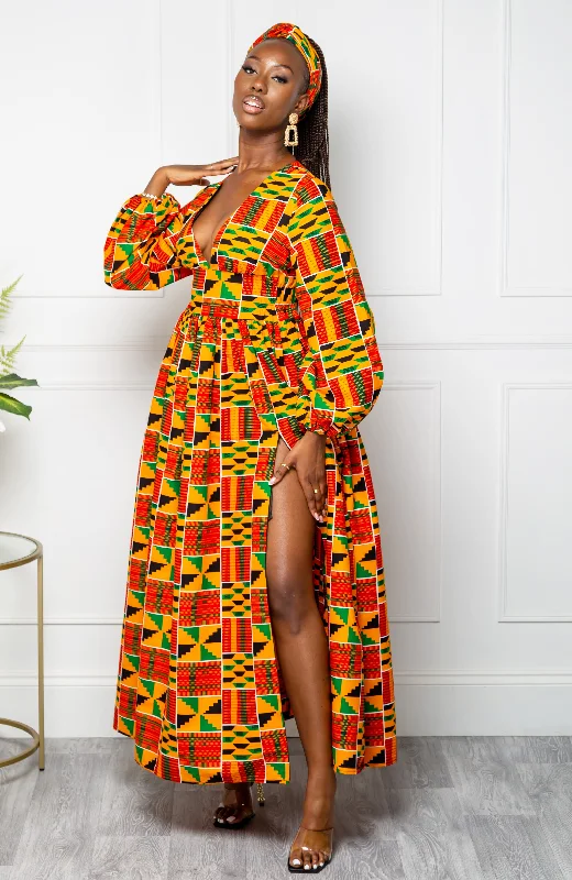 Vintage-Inspired Women's Apparel Classic Chic Deals Low Neck Deep V Long Sleeve | African Maxi Dress  - KENYA