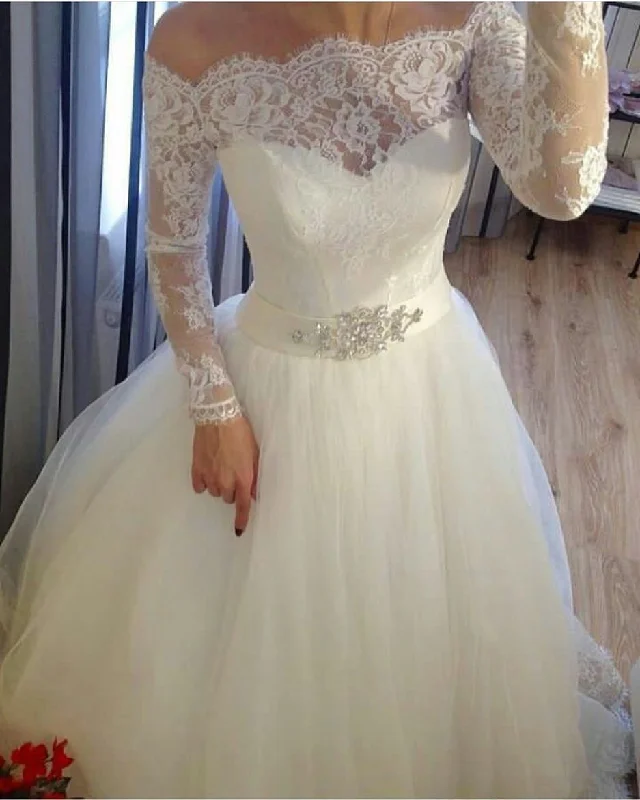 Women's Functional Apparel For Outdoor Activities Browse Our Top Products Siaoryne WD003 Tulle Off Shoulder Bridal Wedding Dresses with Long Lace Sleeves and Beaded Sashes