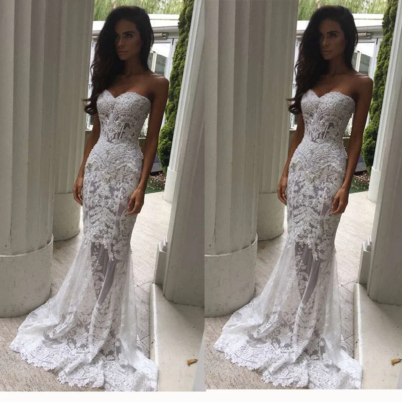 Women's Work Outfit Seasonal Sale WD2147 New Fashion Sexy See Through Lace Bridal Dress Sweetheart Fishtail Wedding Gown 2018