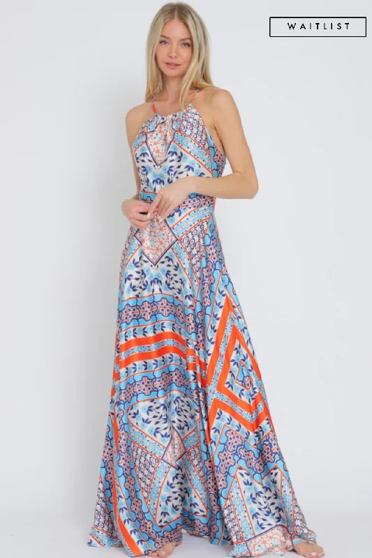 Women's Evening Garments Retro Style Promotions Waitlist 2/5 ♥ Lolisa Sleeveless Halter Cross Back Abstract Print Maxi Dress Blue