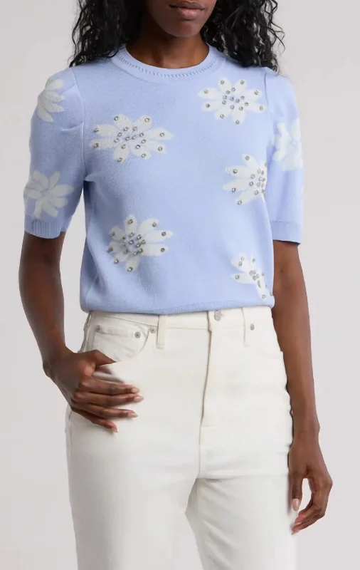 Women's Sports Apparel Chic And Edgy Floral Rhinestone Sweater In Blue/white