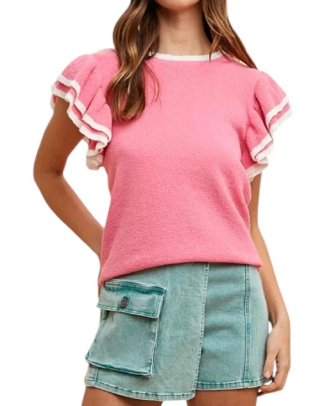 Women's Clothes And Garments Winter Warehouse Sale Ruffle Sleeve Sweater Top In Hot Pink