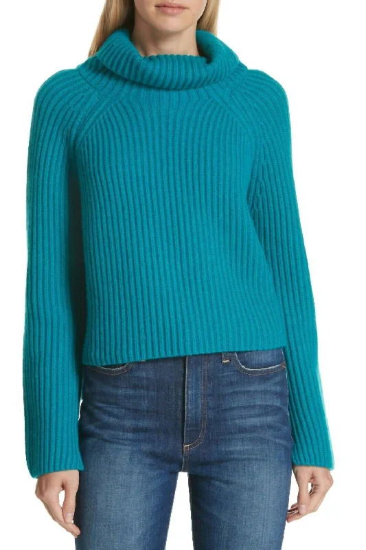 Women's Professional Attire Clearance Sale, All Cheap Ribbed Cashmere Turtleneck Pullover Sweater In Teal