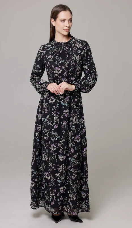 Affordable Women's Clothing Luxe Style Discounts Nadia Smocked Print Chiffon Modest Long Maxi Dress - Black/Multi Floral - PREORDER (ships in 2 weeks)