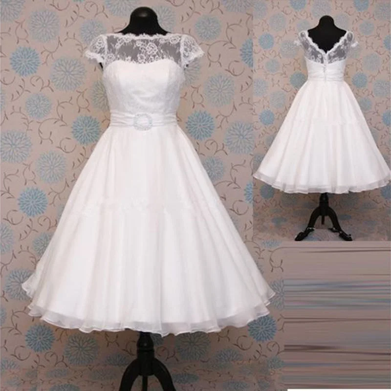 Women's Floral Print Outfit Timeless Style Promotions WD9870 Cap Sleeves Lace A Line Short Wedding Dress Bridal Gown