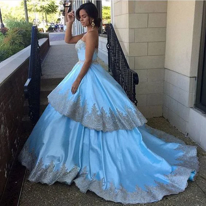 Timeless Women's Outfit Stylish Deals WD894 Sweetheart Ball Gown Satin Gold Appliqued Lace Wedding Dress Princess Blue Bridal dress