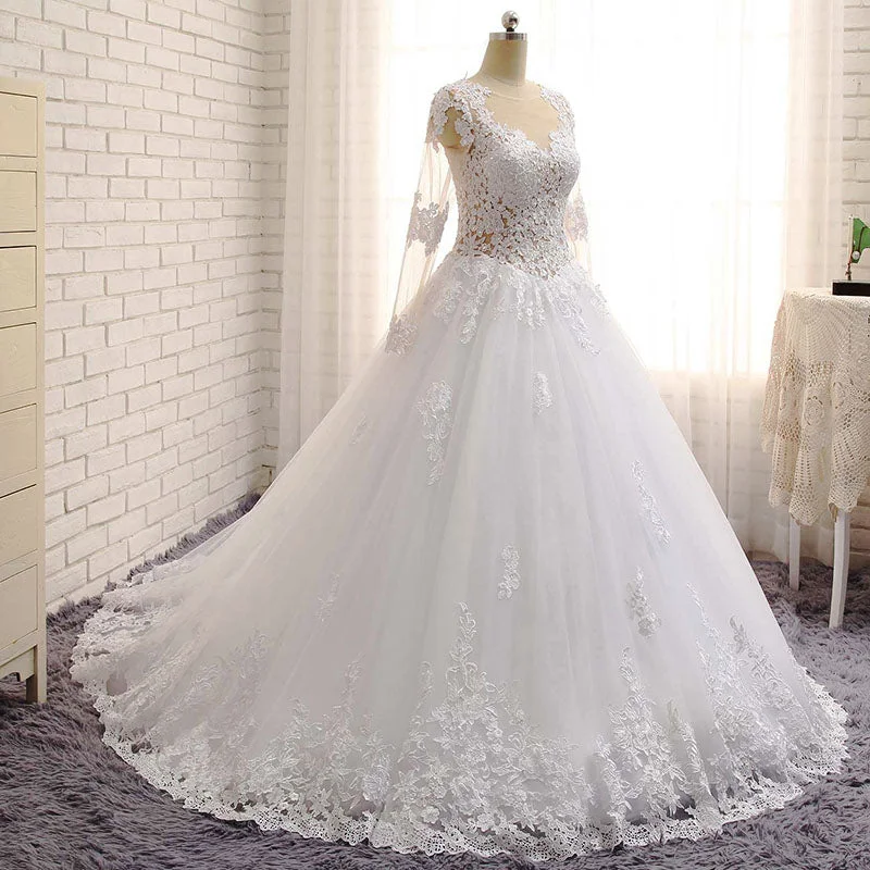 Tailored Clothing For Women Trend Leading Collection WD3371 2018 robe de mariage Princess Bridal Ball Gown Beaded See Through Long Sleeves Lace Wedding Dress