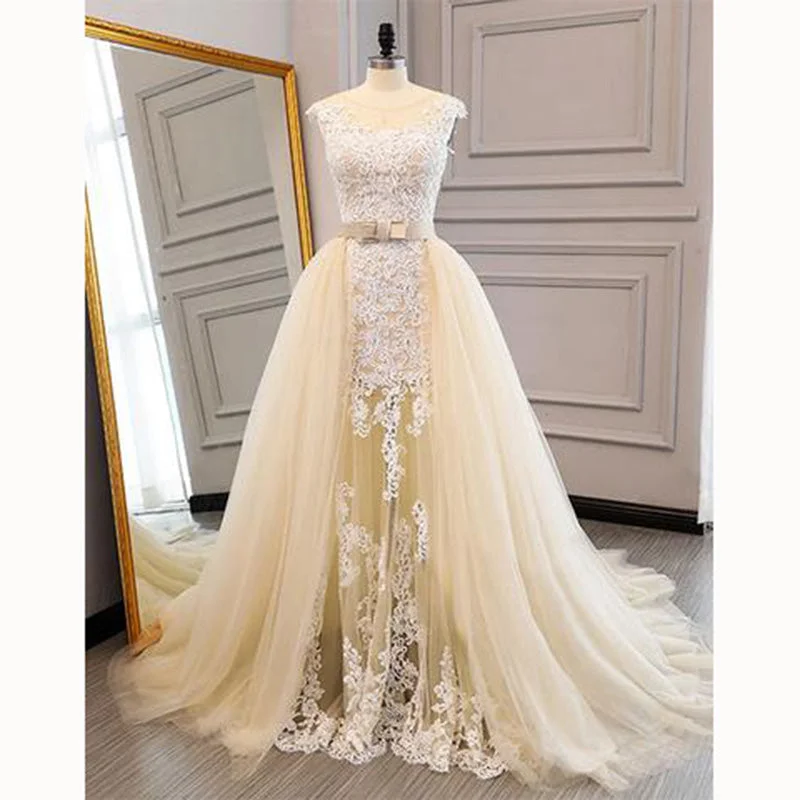 Women's Formal Clothes Shop The Hottest Deals Stylish Detachable Train Champagne Lace Bridal Dresses Custom Made Wedding Gown with Belt