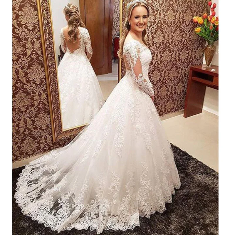 Women's Stylish Vacation Attire Refined Fashion Sale WD574 Vintage Wedding Dresses Long Sleeves 2018,Lace Bride Gown Court Train Custom Made