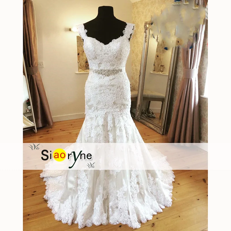 Fashion-Forward Women's Clothing Special Offer WD2558 Classic Cap Sleeves Mermaid lace Wedding Dress with Crystal Belt 2018 Bridal Gown Robe De Mariee