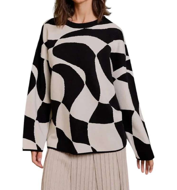 Women's Work Outfit For The Office Shop Sale Items Abstract Checkered Oversized Sweater In Black/off White