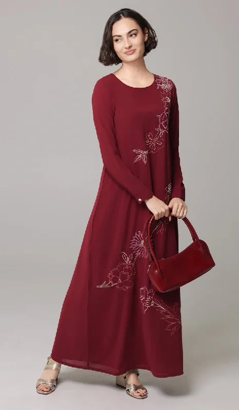 Casual Outfit For Women You'Ll Love Us Because Saman Embroidered Chiffon Modest Long Maxi Dress - Ruby - PREORDER (ships in 2 weeks)