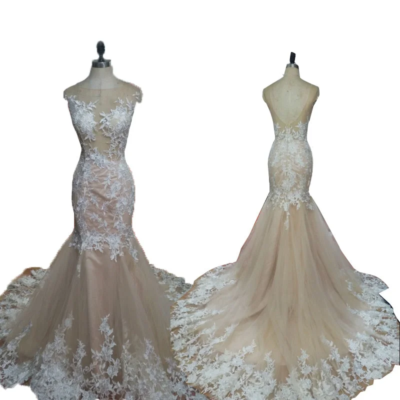 Women's Holiday Clothing Special Offer For You Elegant Lace Champagne Bridal Gown Scoop Neck Mermaid Wedding Dresses 2020