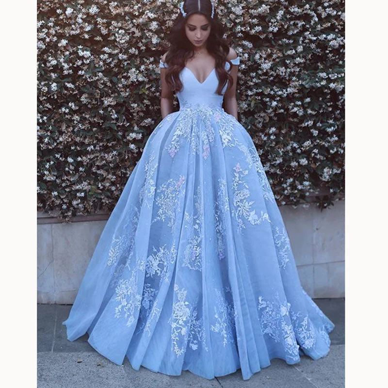 Women's Cozy Clothes Season Offer Dreamy Custom made Floral Lace A Line Wedding Dresses Princess Off the Shoulder Sky Blue Girls Formal prom Gown LP5580