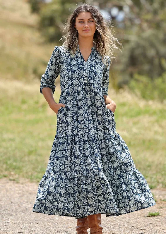 Women's Stylish Vacation Attire Mega Sale Indigo Tiered Maxi Dress