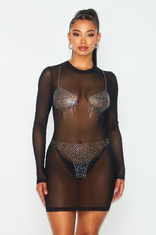 Fashionable Women's Outfit Hot Sale Stand Out Sheer Mesh and Rhinestone Mini Dress